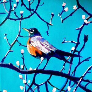 ✨🌟HOST PICK! Acrylic on Canvas - Robin on Blue - Tali Yalonetzki - 12x12 inches